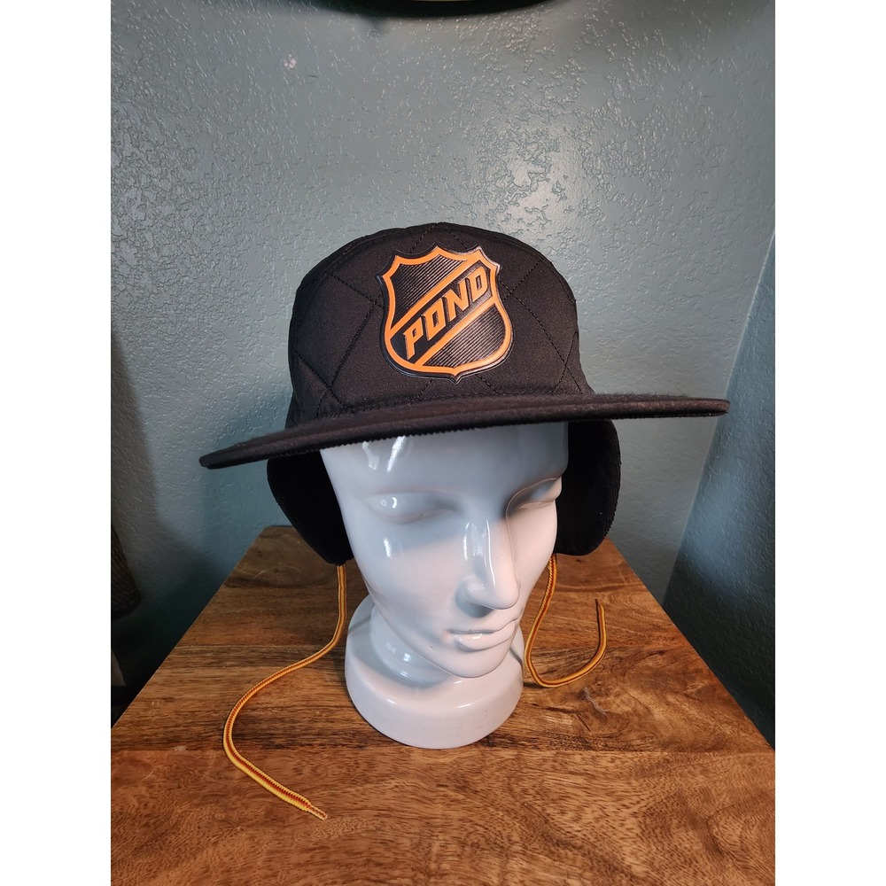 Pabst Pond Hockey Tournament Quilted Trapper Hat‎ Black Orange Ear Flaps Leather